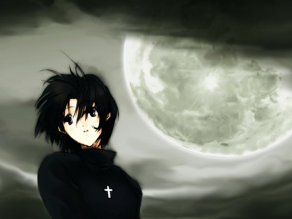 Anime picture 1024x768 with blue eyes black hair outdoors night moon cross turtleneck