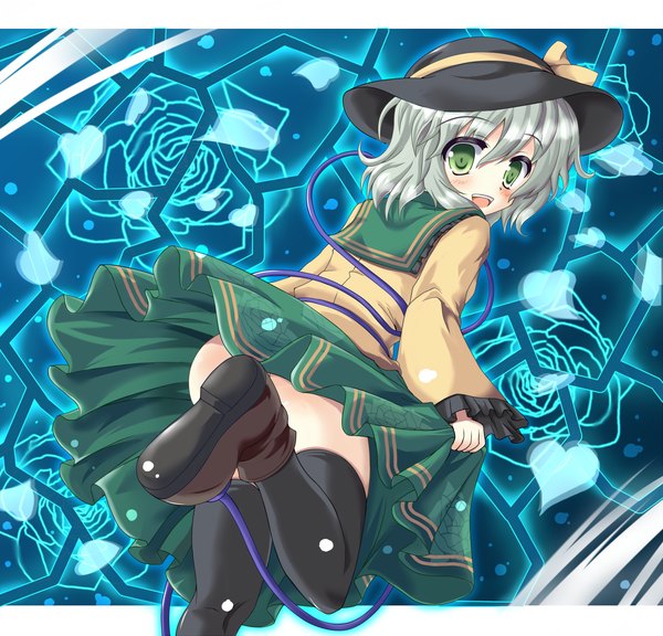 Anime picture 1500x1440 with touhou komeiji koishi hiiragi tomoka blush short hair open mouth light erotic green eyes silver hair looking back from behind girl thighhighs ribbon (ribbons) black thighhighs hat