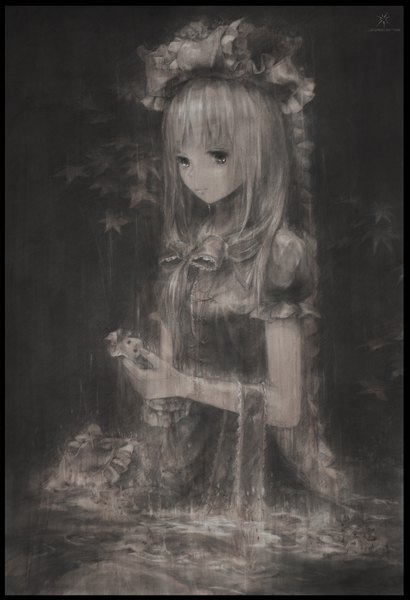 Anime picture 1000x1463 with touhou kagiyama hina jq single long hair tall image looking at viewer smile holding silver hair black eyes partially submerged border monochrome rain girl dress hair ornament bow hair bow