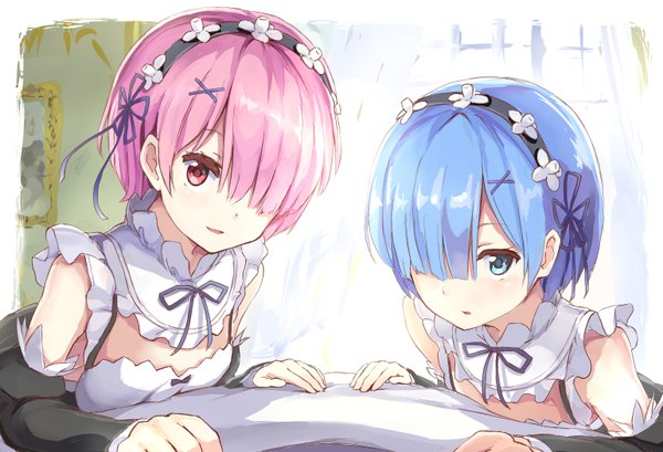 Anime picture 1540x1050 with re:zero kara hajimeru isekai seikatsu white fox rem (re:zero) ram (re:zero) maeshimashi looking at viewer blush fringe short hair breasts blue eyes smile red eyes multiple girls blue hair pink hair upper body indoors long sleeves parted lips