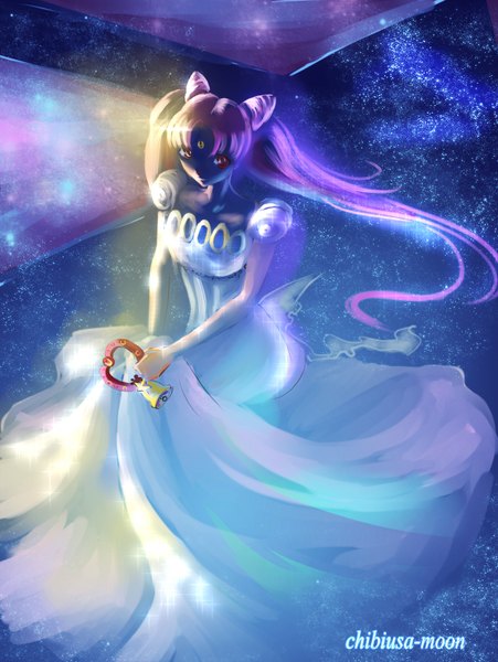 Anime picture 1204x1600 with bishoujo senshi sailor moon toei animation princess usagi small lady chibiusa-moon single long hair tall image smile red eyes sitting twintails holding looking away pink hair hair bun (hair buns) crescent space girl dress white dress