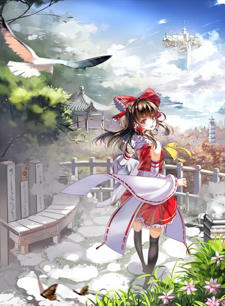 Anime picture 663x900 with touhou hakurei reimu miyazaki byou single long hair tall image fringe open mouth red eyes brown hair bare shoulders sky cloud (clouds) looking back girl thighhighs flower (flowers) bow black thighhighs hair bow