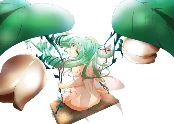 Anime picture 1400x1000 with vocaloid hatsune miku endou (zettai bluenoid) single long hair looking at viewer fringe simple background smile white background sitting bare shoulders looking back aqua eyes aqua hair insect wings girl thighhighs dress flower (flowers)