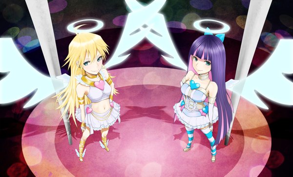 Anime picture 2232x1351 with panty & stocking with garterbelt anarchy stocking anarchy panty niou kaoru long hair highres blonde hair wide image multiple girls green eyes purple hair multicolored hair two-tone hair colored inner hair girl 2 girls wings heart halo