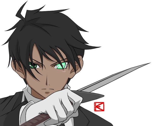 Anime picture 1247x1036 with hakushaku to yousei raven white background green eyes sword knife