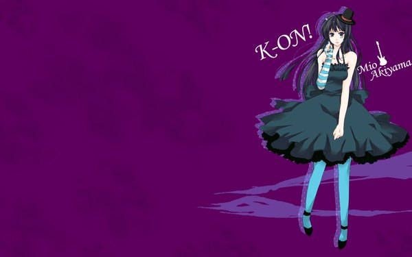 Anime picture 1920x1200 with k-on! kyoto animation akiyama mio okeya single long hair highres black hair simple background wide image copyright name character names third-party edit purple background extended girl dress hat pantyhose black dress