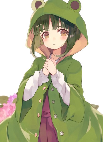 Anime picture 600x820 with kantai collection takanami (kantai collection) shugao single tall image blush fringe short hair simple background white background brown eyes looking away green hair hands clasped animal hood girl uniform flower (flowers) school uniform hood