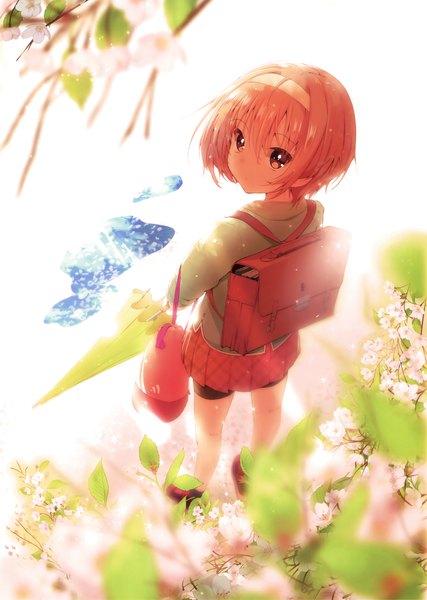Anime picture 2489x3500 with original akahito single tall image looking at viewer highres short hair brown eyes pink hair scan official art girl skirt flower (flowers) miniskirt headband backpack