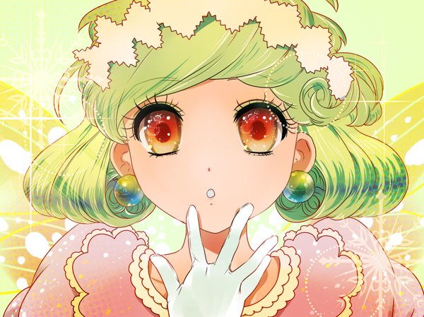 Anime picture 959x719 with original kaisen single looking at viewer fringe short hair red eyes green hair portrait eyeshadow hand on face girl gloves hair ornament earrings white gloves snowflake (snowflakes)