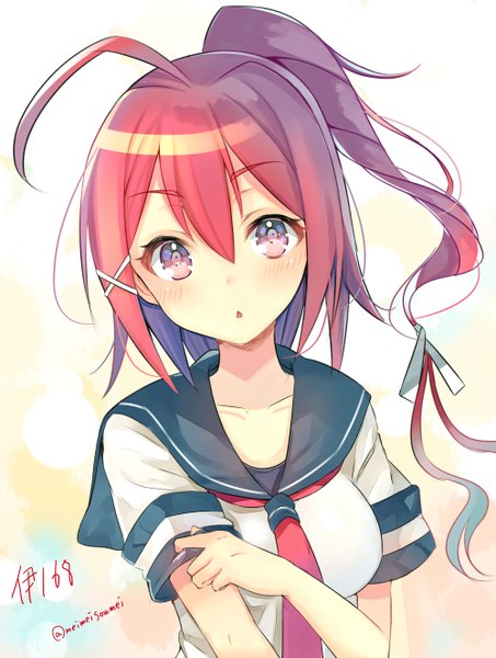 Anime picture 1000x1322 with kantai collection i-168 submarine aozora nan single long hair tall image looking at viewer blush fringe breasts simple background hair between eyes signed ahoge ponytail red hair parted lips pink eyes short sleeves character names