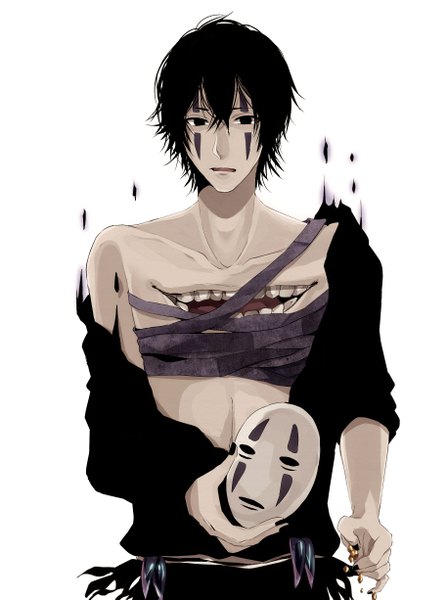 Anime picture 916x1225 with spirited away studio ghibli no face (spirited away) tall image fringe short hair black hair simple background white background holding nail polish fingernails face paint boy mask