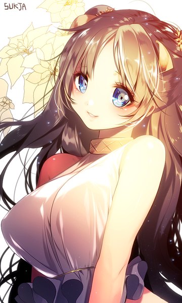 Anime picture 600x1000 with original sorolp single long hair tall image looking at viewer blush breasts blue eyes black hair smile large breasts standing twintails signed sunlight floral print close-up girl hair ornament