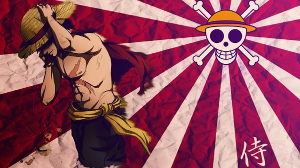 Anime picture 1280x720 with one piece toei animation monkey d. luffy single short hair black hair wide image hieroglyph scar topless muscle hat over eyes boy hat flag