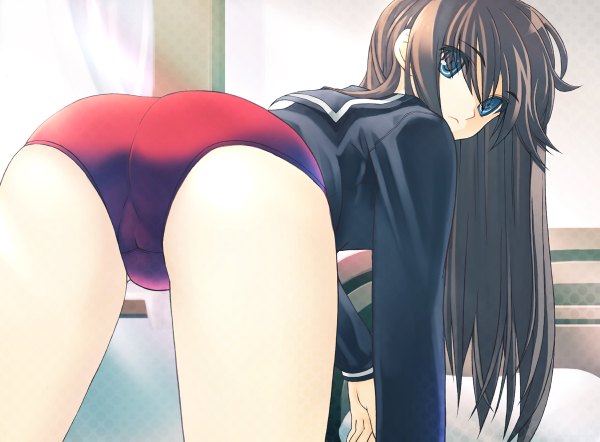 Anime picture 1200x884 with original hirokiku single long hair blue eyes light erotic brown hair ass looking back on all fours :< girl serafuku buruma