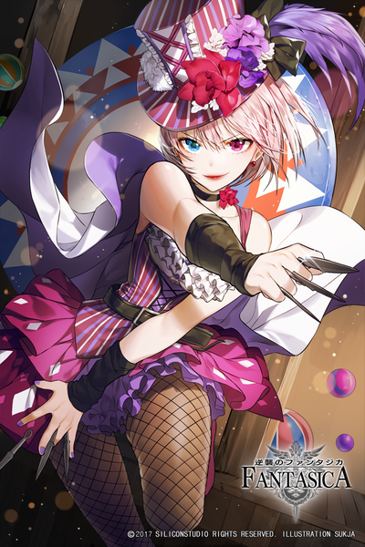 Anime picture 700x1050 with gyakushuu no fantasica sorolp single tall image looking at viewer short hair blue eyes signed pink hair bent knee (knees) nail polish pink eyes official art copyright name heterochromia lens flare outstretched arm lacing girl dress