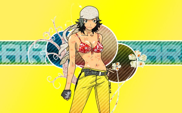 Anime picture 2560x1600 with air gear toei animation iriya natsumi highres wide image midriff yellow background gloves navel bikini top bandana