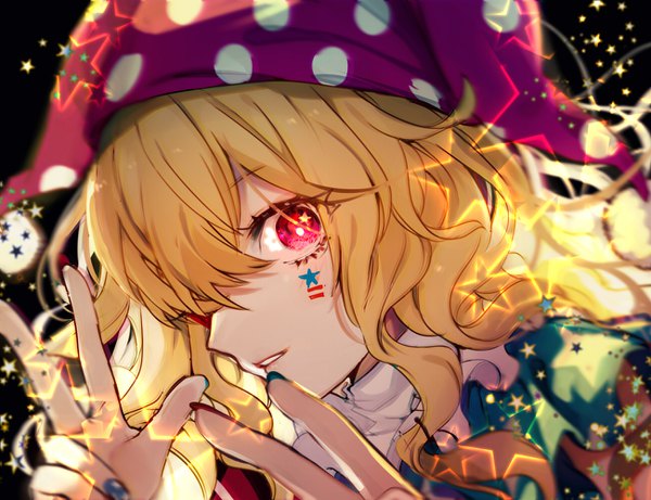 Anime picture 1300x1000 with touhou clownpiece renkarua single long hair looking at viewer fringe blonde hair hair between eyes nail polish parted lips pink eyes fingernails hair over one eye glowing portrait wavy hair face paint clown girl