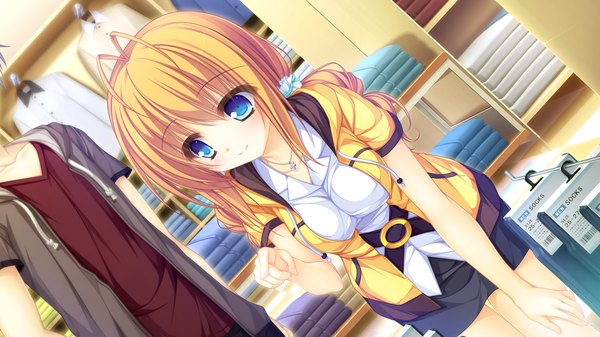Anime picture 1920x1080 with kujiragami no tearstilla kamitouno ena mikagami mamizu long hair highres blue eyes blonde hair wide image game cg light smile girl dress boy