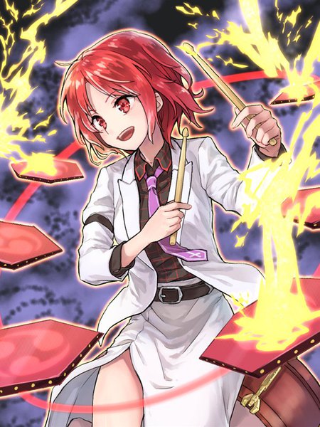 Anime picture 600x800 with touhou horikawa raiko akidzuki haruhi single tall image short hair open mouth red eyes looking away red hair side slit mitsudomoe (shape) girl skirt necktie belt white skirt long skirt drumsticks