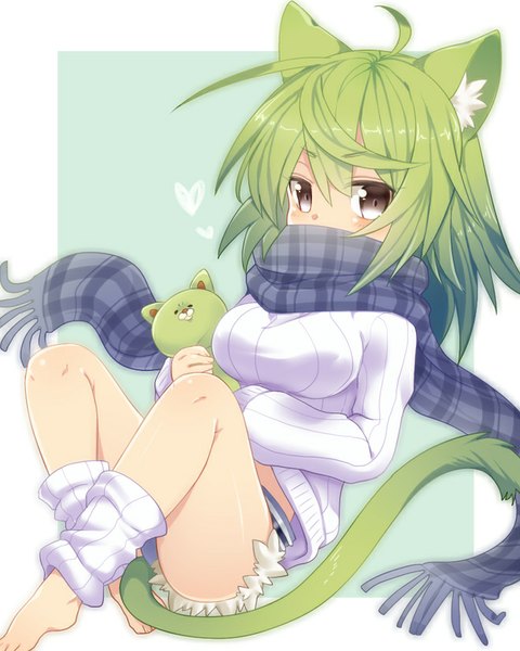Anime picture 660x825 with original mofuaki single tall image blush fringe short hair breasts sitting brown eyes green eyes animal ears bent knee (knees) tail animal tail barefoot cat ears bare legs cat girl cat tail