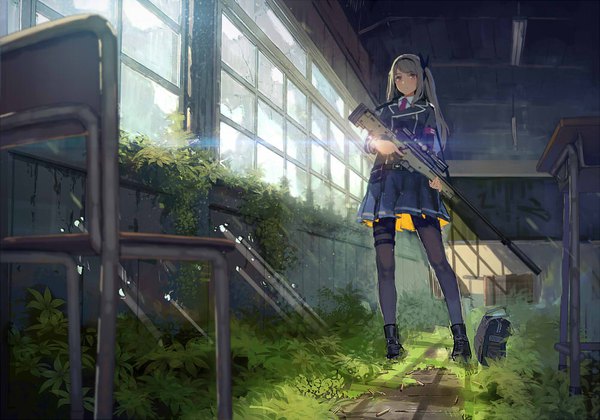 Anime picture 1000x701 with original yasumo (kuusouorbital) single long hair standing twintails holding brown eyes looking away full body indoors pleated skirt grey hair sunlight from below lens flare sunbeam ruins classroom girl