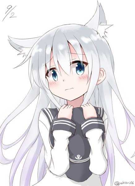 Anime picture 700x963 with kantai collection hibiki destroyer yakitori (yakitori06) single long hair tall image looking at viewer blush fringe blue eyes simple background hair between eyes white background holding signed animal ears payot upper body white hair cat ears
