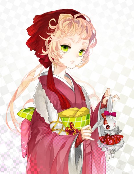 Anime picture 932x1211 with original k ototo (artist) single long hair tall image looking at viewer blonde hair holding green eyes traditional clothes japanese clothes checkered checkered background girl gloves animal kimono fingerless gloves toy stuffed animal