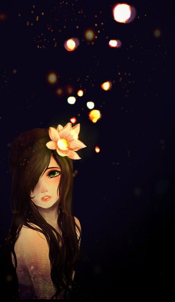 Anime picture 680x1173 with tagme (artist) single long hair tall image looking at viewer blush fringe breasts simple background brown hair bare shoulders green eyes hair flower lips hair over one eye night dark background eyeshadow makeup girl