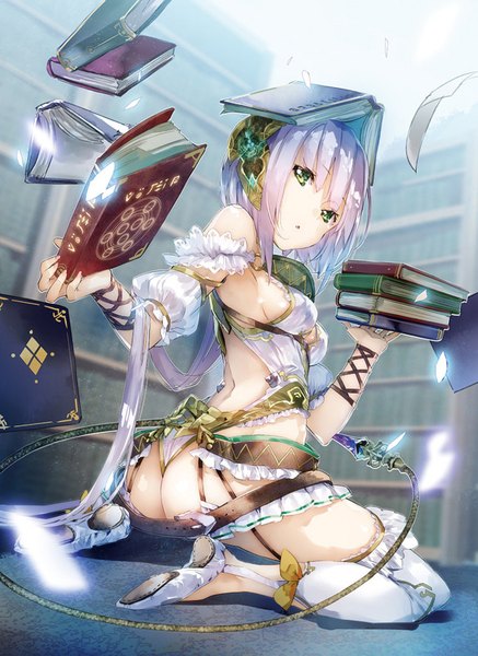 Anime picture 660x906 with atelier (series) atelier sophie gust (company) plachta yuugen single tall image fringe short hair open mouth light erotic hair between eyes sitting bare shoulders holding green eyes payot pink hair bent knee (knees) ass