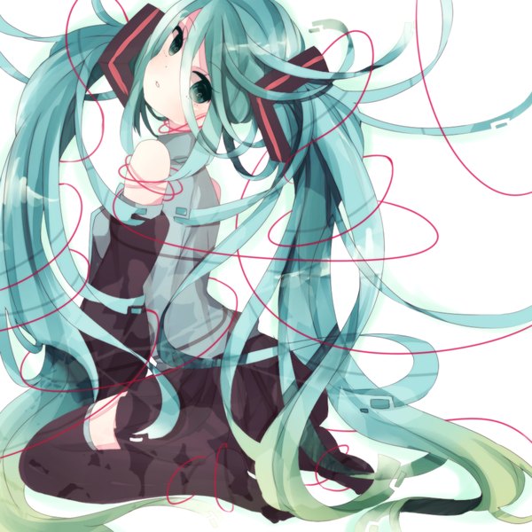 Anime picture 1000x1000 with vocaloid hatsune miku motsuni (lxxe1120) single simple background white background sitting twintails bare shoulders looking away very long hair aqua eyes aqua hair girl thighhighs black thighhighs detached sleeves thread red thread