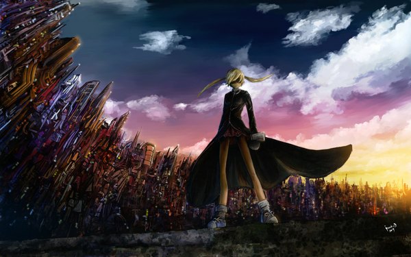 Anime picture 1440x900 with soul eater studio bones maka albarn izechou single blonde hair wide image standing sky cloud (clouds) hair over eyes girl gloves boots cloak wall