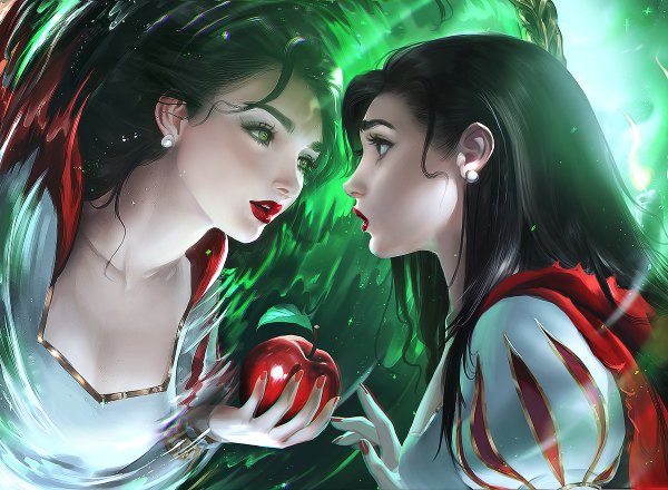Anime picture 1200x880 with snow white and the seven dwarfs snow white sakimichan long hair open mouth black hair multiple girls holding green eyes upper body long sleeves nail polish profile realistic puffy sleeves lipstick eyebrows pale skin face to face red lipstick