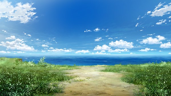 Anime picture 2560x1440 with grisaia no kajitsu highres wide image game cg sky cloud (clouds) horizon no people landscape plant (plants) sea grass