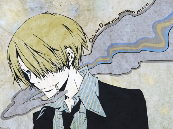 Anime picture 1600x1200 with one piece toei animation sanji tagme (artist) single fringe short hair blue eyes blonde hair smile holding upper body hair over one eye text mouth hold smoke english boy necktie cigarette