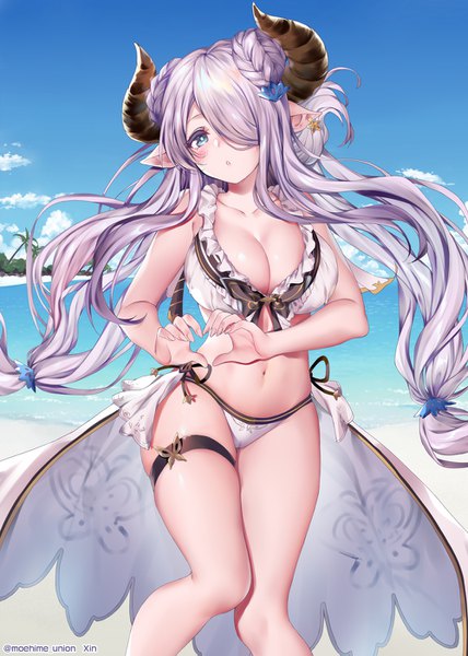 Anime picture 1000x1403 with granblue fantasy narmaya (granblue fantasy) narmaya (summer) (granblue fantasy) obiwan single tall image looking at viewer blush fringe breasts light erotic large breasts twintails cleavage purple hair cloud (clouds) braid (braids) parted lips horn (horns) pointy ears