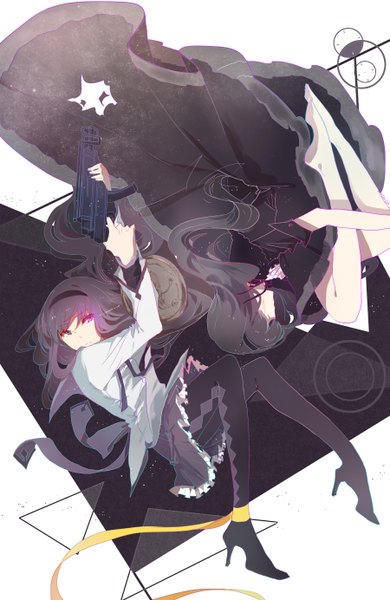 Anime picture 900x1384 with mahou shoujo madoka magica shaft (studio) akemi homura yumekabi (windyhsy) long hair tall image black hair purple eyes holding bent knee (knees) lying eyes closed barefoot high heels dual persona upside down magical girl embryo's pose girl dress