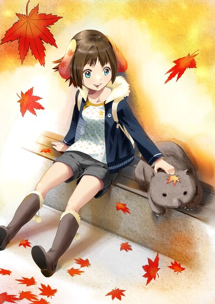Anime picture 1000x1412 with original cojibou single tall image short hair open mouth blue eyes black hair sitting animal ears open clothes open jacket girl animal shorts boots leaf (leaves)