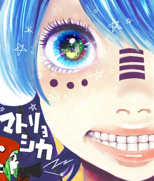 Anime picture 1000x1176 with vocaloid matryoshka (vocaloid) hatsune miku gumi minami haruya tall image looking at viewer open mouth blue eyes multiple girls blue hair green hair teeth reflection close-up face face paint girl 2 girls star (symbol)