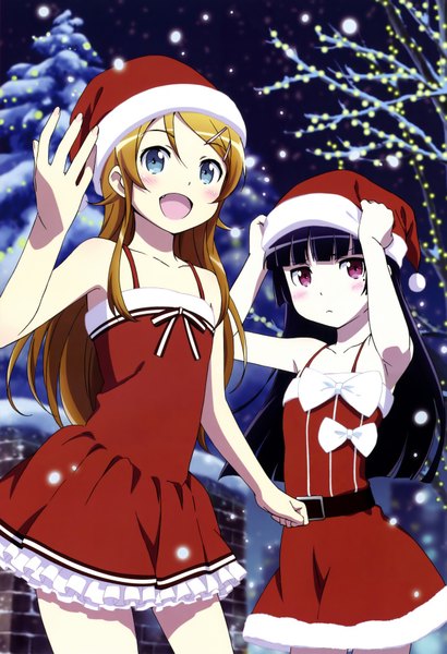 Anime picture 2455x3595 with ore no imouto ga konna ni kawaii wake ga nai gokou ruri kousaka kirino yoshikawa maho long hair tall image blush highres open mouth blue eyes black hair blonde hair purple eyes multiple girls scan snowing winter girl dress bow