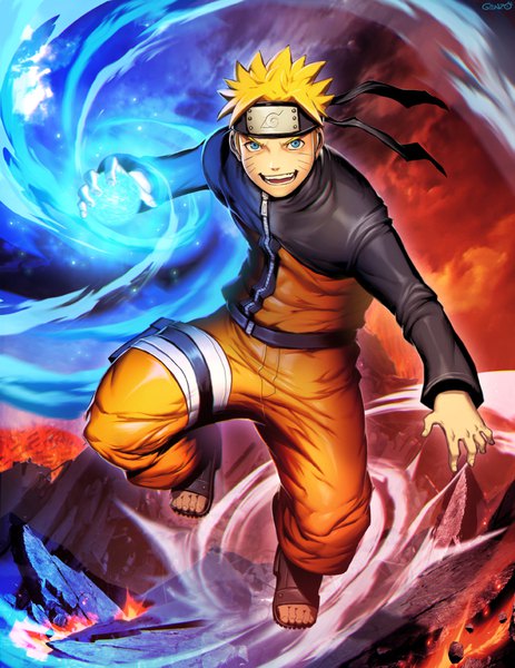 Anime picture 766x992 with naruto studio pierrot naruto (series) uzumaki naruto genzoman single tall image looking at viewer short hair blue eyes blonde hair smile signed full body bent knee (knees) inscription facial mark fighting stance whisker markings jinchuriki