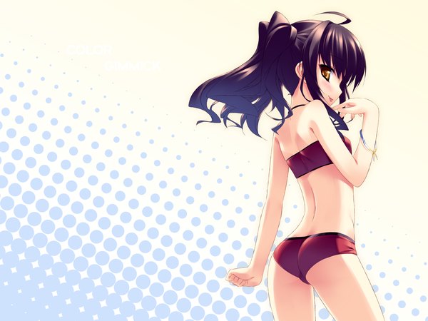 Anime picture 1600x1200 with original miyatsuki itsuka single long hair looking at viewer light erotic black hair twintails brown eyes ahoge from behind orange eyes wallpaper girl swimsuit bikini red bikini