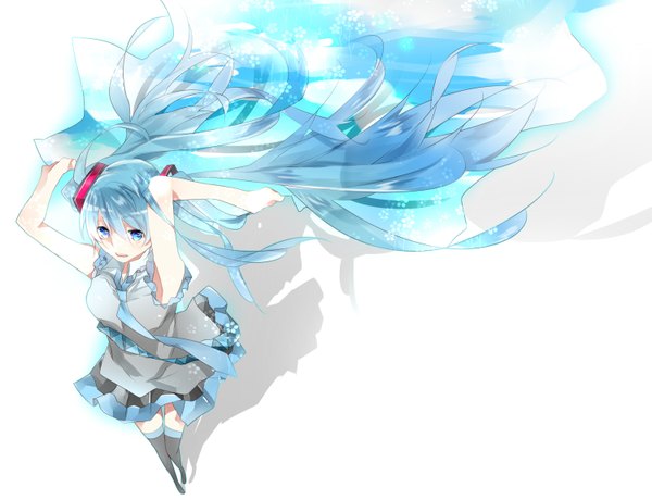 Anime picture 1500x1152 with vocaloid hatsune miku omutatsu single long hair blue eyes simple background white background twintails wind aqua hair shadow sleeveless girl necktie thigh boots