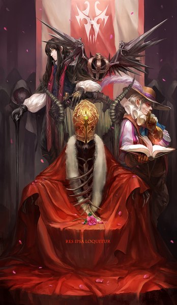 Anime picture 900x1551 with original pixiv fantasia pixiv fantasia fallen kings kzcjimmy long hair tall image short hair black hair blonde hair red eyes standing sitting yellow eyes horn (horns) inscription multiple boys finger to mouth skeleton boy gloves