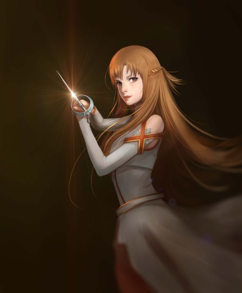 Anime picture 2895x3508 with sword art online a-1 pictures yuuki asuna makesi single long hair tall image looking at viewer highres simple background brown hair bare shoulders brown eyes braid (braids) black background glow girl dress weapon knife
