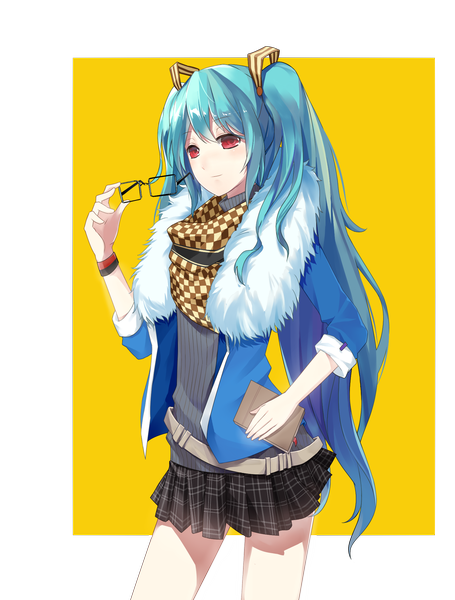 Anime picture 1628x2145 with vocaloid hatsune miku lightofheaven single long hair tall image red eyes standing twintails light smile aqua hair yellow background girl skirt glasses book (books) sweater neckerchief
