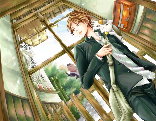 Anime picture 1200x933 with natsume yuujinchou brains base (studio) natsume takashi madara (nyanko-sensei) hitotsume no chuukyuu youkai ushikao no chuukyuu youkai sino tomoru short hair blonde hair smile yellow eyes looking away open collar :3 demon animal on shoulder boy uniform school uniform animal