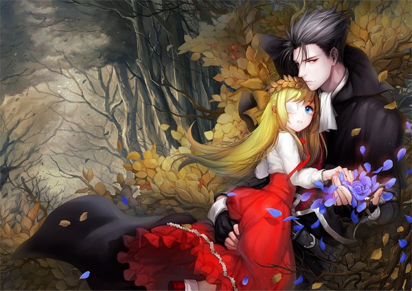 Anime picture 1200x849 with unlight danhu long hair looking at viewer short hair blue eyes blonde hair red eyes grey hair loli couple bare tree girl boy gloves flower (flowers) bow plant (plants) hair bow petals