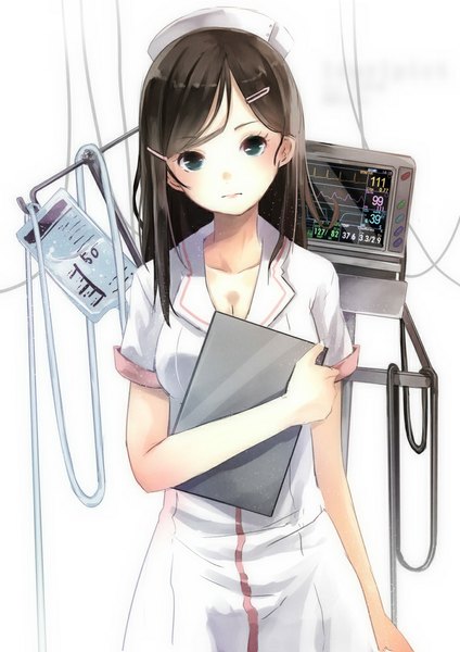 Anime picture 706x1000 with original reio reio single long hair tall image looking at viewer blush fringe breasts simple background brown hair standing white background holding green eyes cleavage short sleeves nurse girl uniform