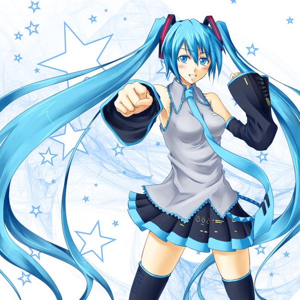 Anime picture 1200x1200 with vocaloid hatsune miku ihara natsume single blush blue eyes twintails blue hair very long hair girl thighhighs skirt black thighhighs detached sleeves miniskirt necktie star (symbol) vest