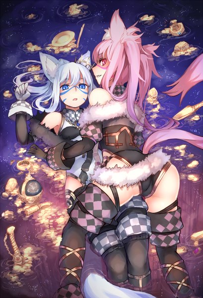 Anime picture 1022x1500 with original ganesagi long hair tall image open mouth blue eyes light erotic sitting bare shoulders multiple girls animal ears blue hair pink hair bent knee (knees) ass tail lying animal tail pink eyes looking back